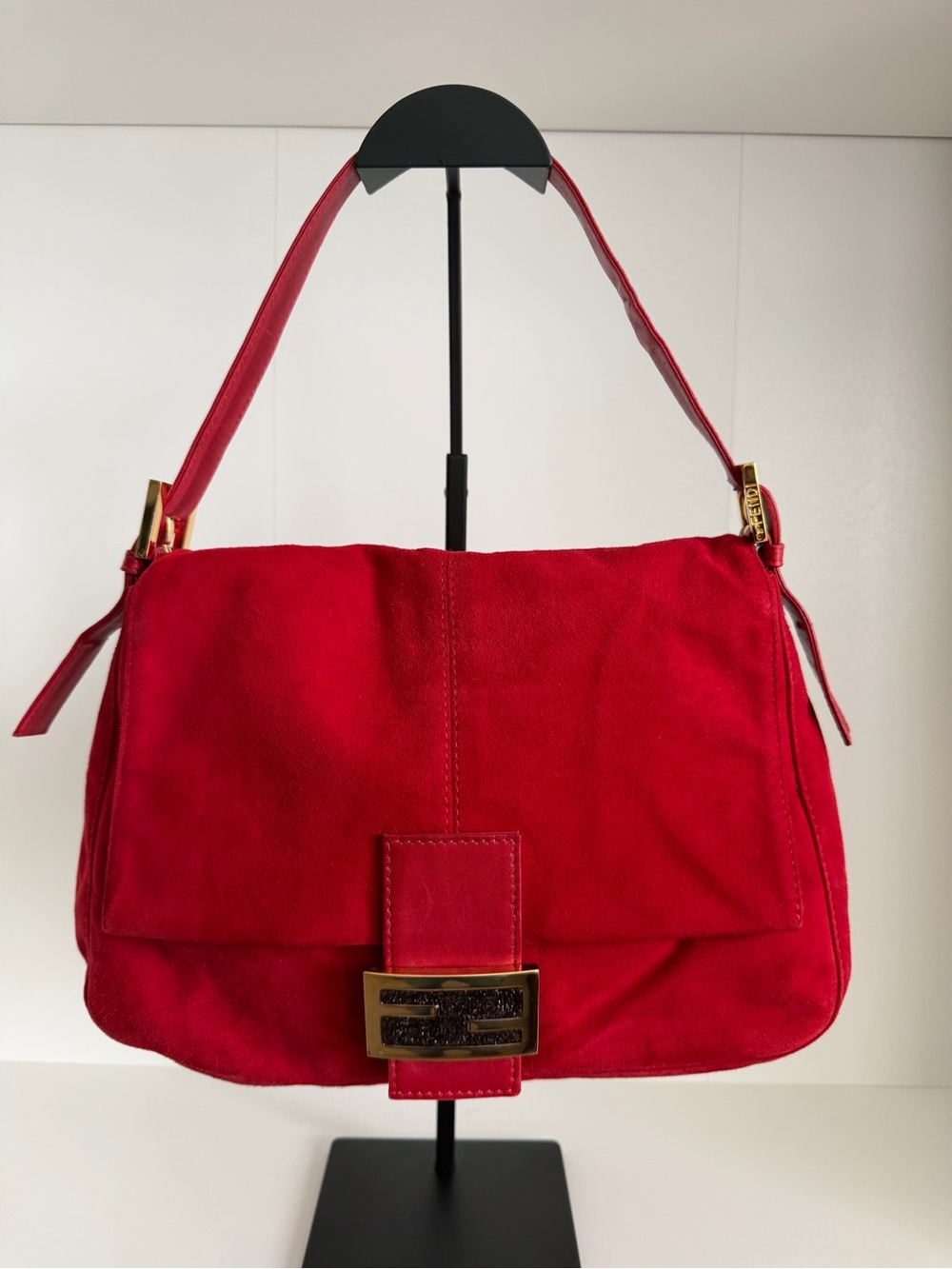 Fendi Red Suede Mama Baguette Bag with Gold-Tone Hardware